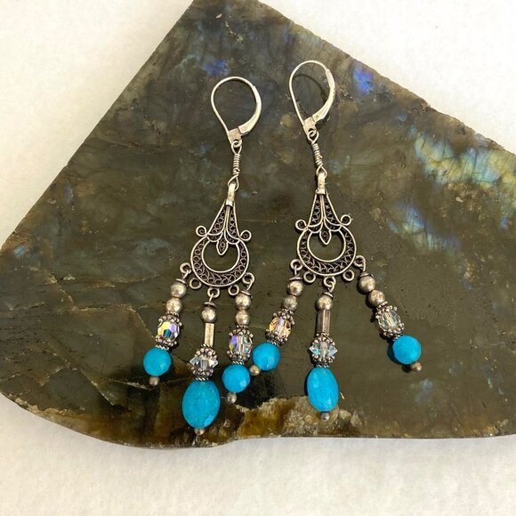 Sterling Silver 925 Blue Glass Beaded Filigree Fringe Chandelier Dangle Earrings - Picture 11 of 15